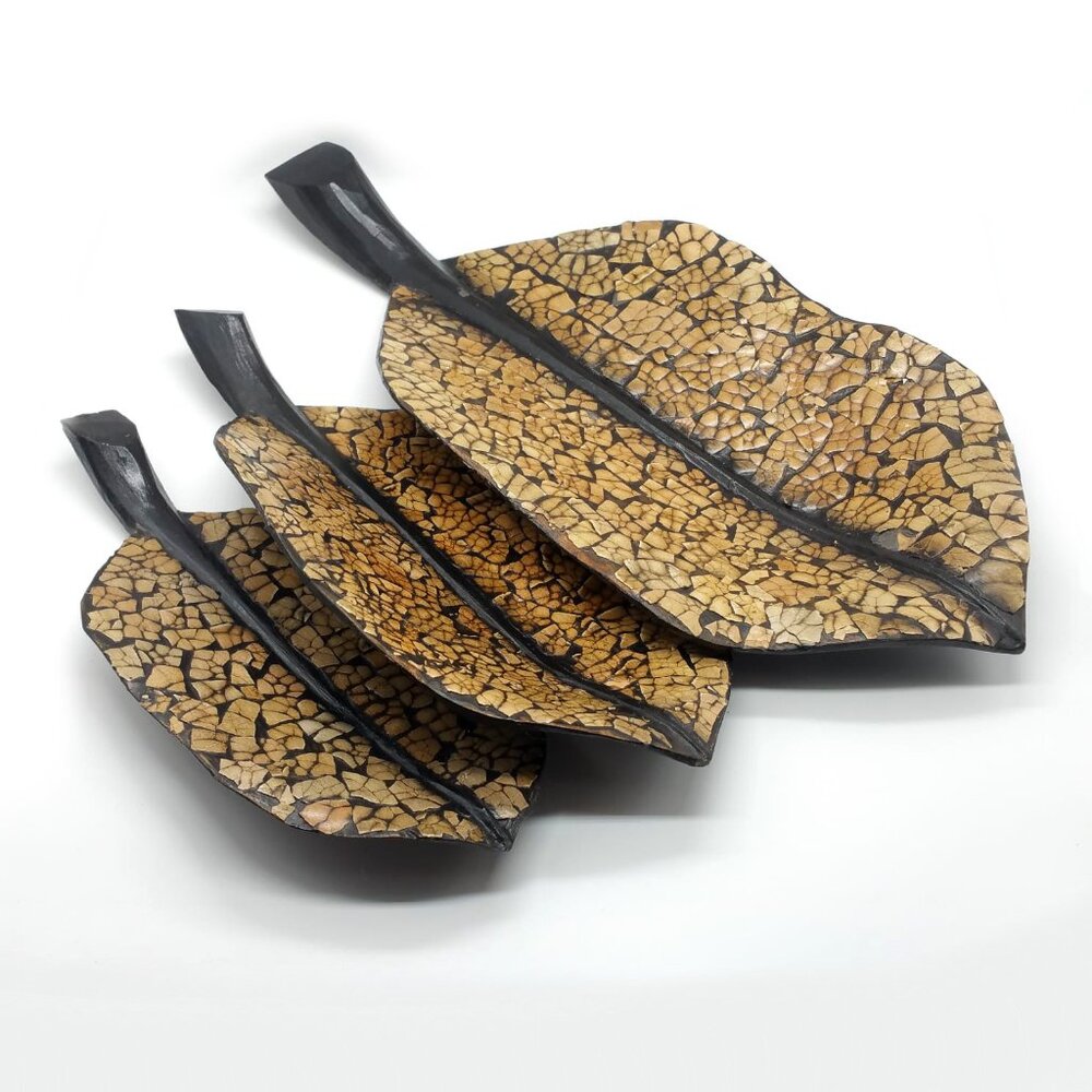 3pc Carved Hand Painted Wood Leaf Trinket Trays, Rustic Home Decor